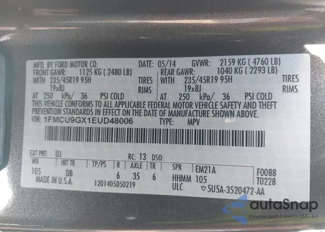 2014 Ford Escape Se from USA, damaged, VIN 1FMCU9GX1EUD48006